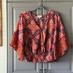 Anthropologie Twine & String Medallion Print Smocked Kimono Sleeve Blouse, Red,L